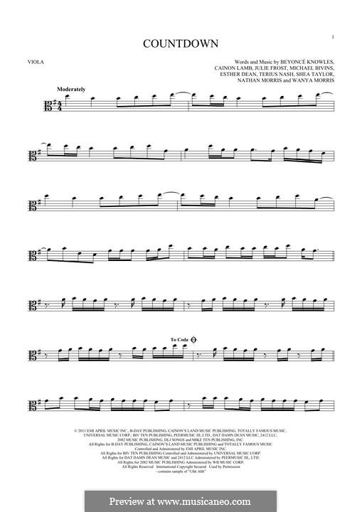 Countdown (Beyonce): For viola by Cainon Lamb, Esther Dean, Julie Frost, Michael Bivins, Nathan Morris, Robert Shea Taylor, Shavo Odadjian, Terius Nash, Wanya Morris