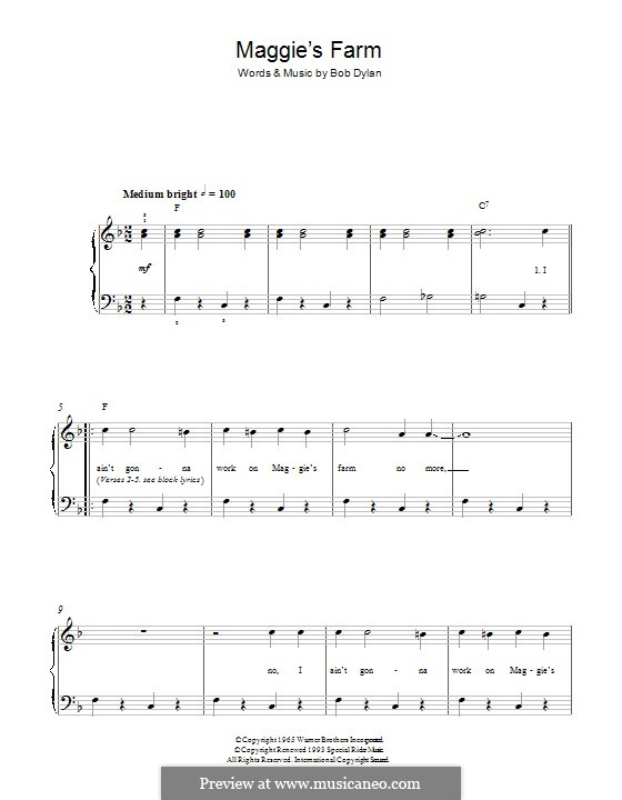 Maggie's Farm: For piano by Bob Dylan