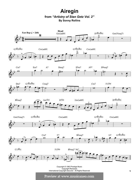 Airegin (John Coltrane): For tenor saxophone by Sonny Rollins