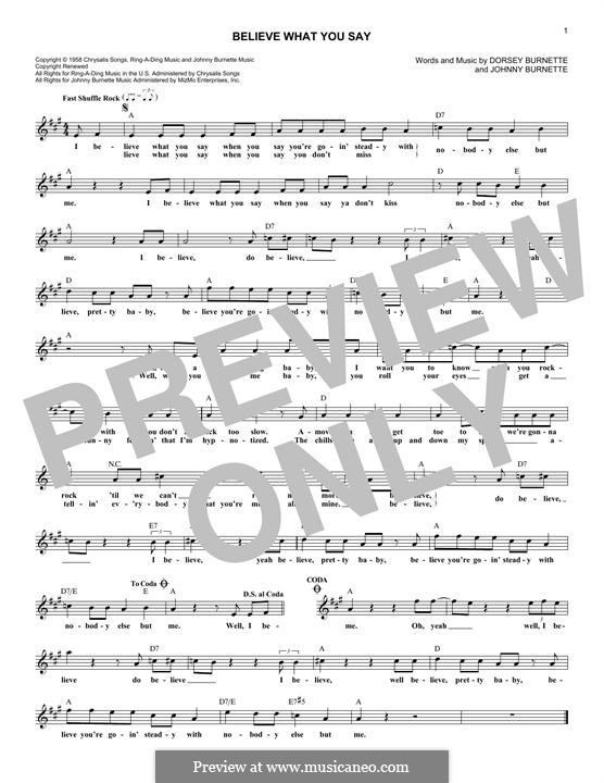 Believe What You Say (Ricky Nelson): Melody line by Dorsey Burnette, Johnny Burnette
