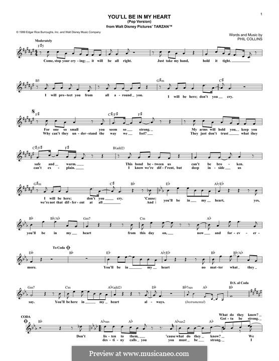 You'll Be in My Heart (from Walt Disney's Tarzan): Melody line by Phil Collins