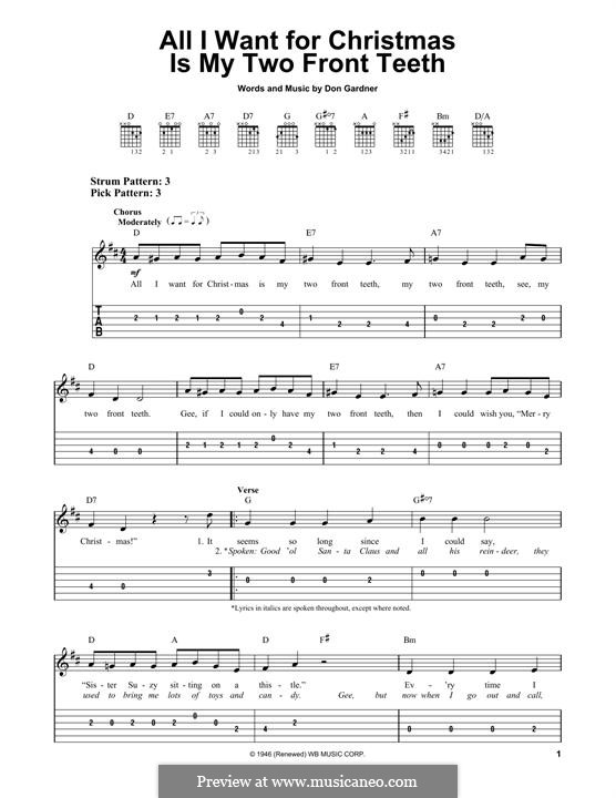 All I Want for Christmas Is My Two Front Teeth: For guitar with tab by Don Gardner
