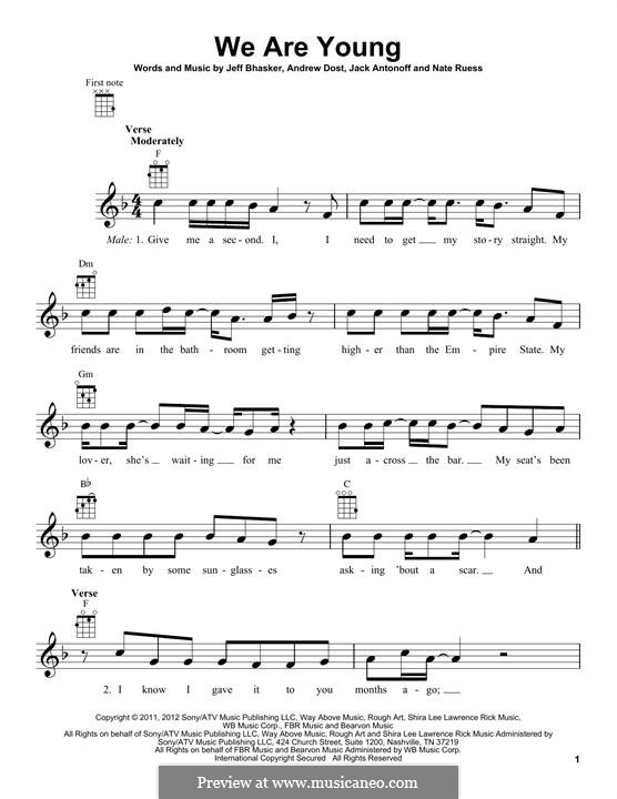 We Are Young: For ukulele by Jeff Bhasker, Jack Antonoff, Andrew Dost, Nathaniel Ruess