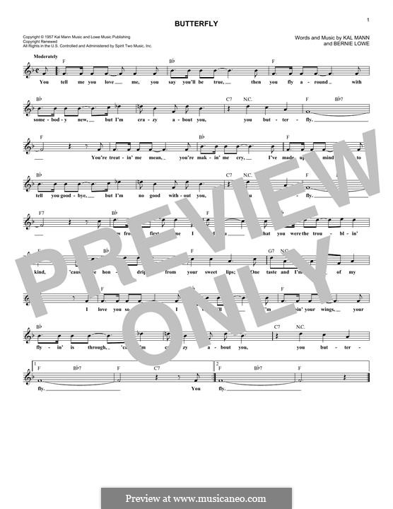 Butterfly (Andy Williams) by B. Lowe, K. Mann sheet music on MusicaNeo