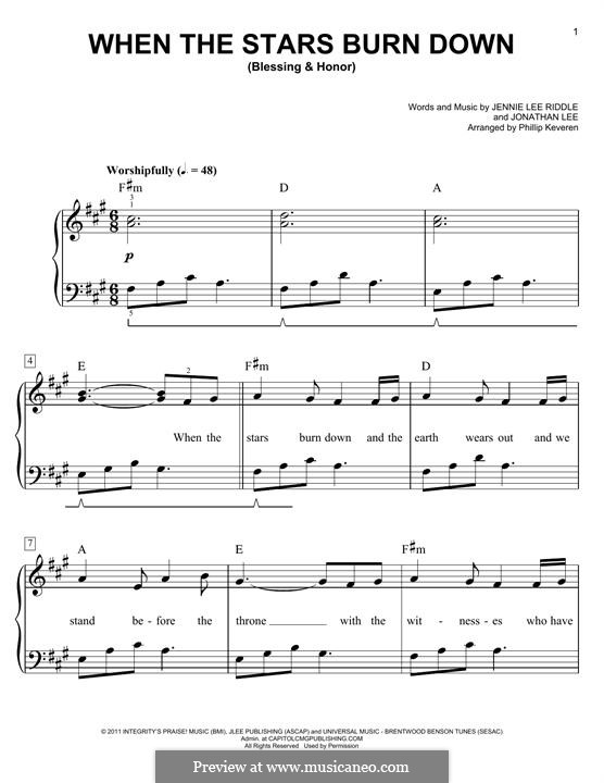 When The Stars Burn Down (Blessing and Honor): For piano by Jennie Lee Riddle, Jonathan Lee