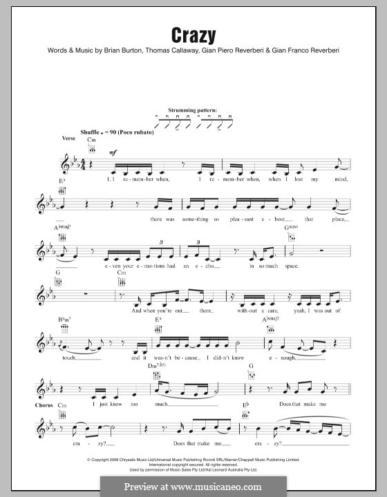 Crazy (Gnarls Barkley): For ukulele by Brian Burton, Gian Piero Reverberi, Gianfranco Reverberi, Thomas Callaway