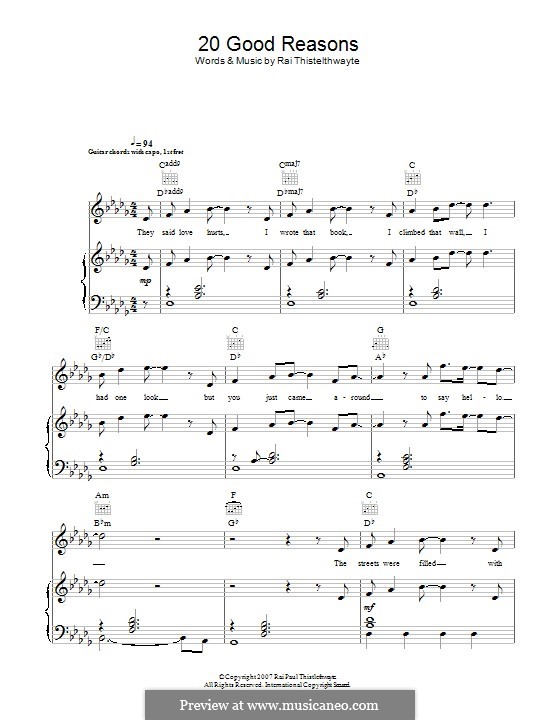 20 Good Reasons (Thirsty Merc): For voice and piano (or guitar) by Rai Thistelthwayte