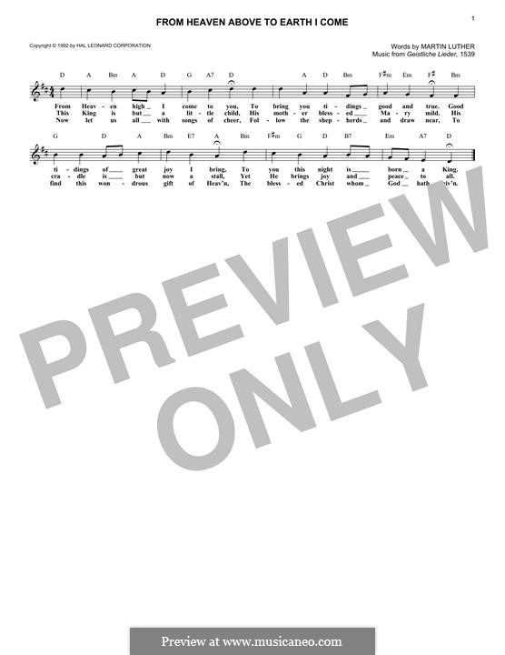From Heaven Above to Earth I Come: Melody line by Martin Luther