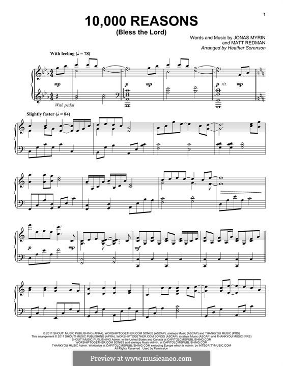 10,000 Reasons (Bless the Lord): For piano by Jonas Myrin, Matt Redman