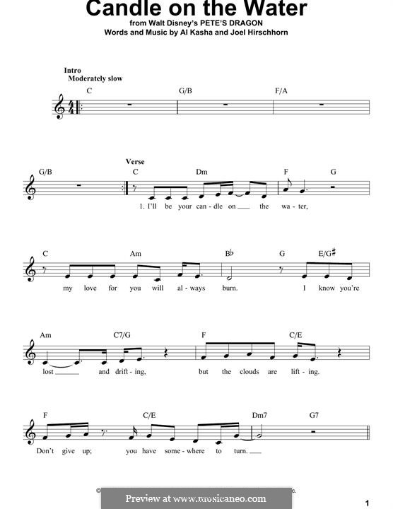 Candle on the Water (from Walt Disney's Pete's Dragon): Melody line by Al Kasha, Joel Hirschhorn