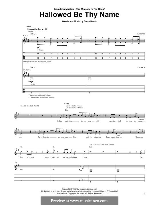 Hallowed Be Thy Name (Iron Maiden): For guitar with tab by Steve Harris