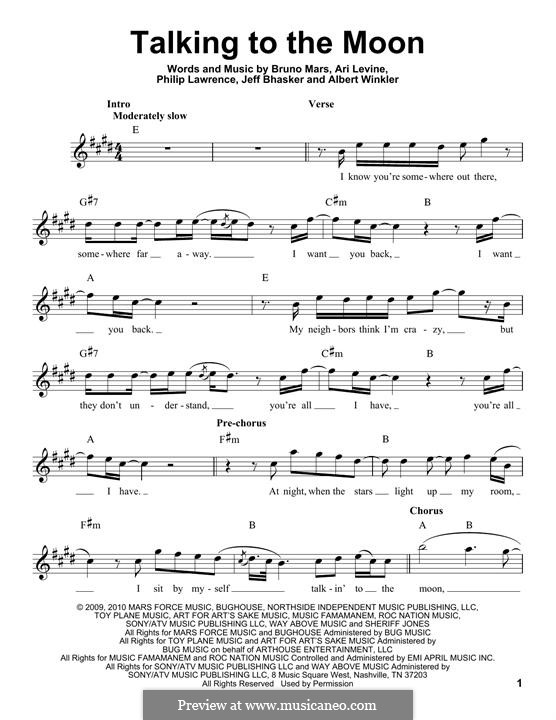Talking to the Moon: Melody line by Albert Winkler, Ari Levine, Jeff Bhasker, Bruno Mars, Philip Lawrence