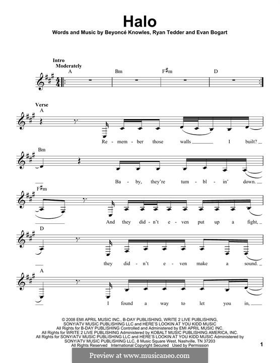 Halo: Melody line by Beyoncé, Evan Kidd Bogart, Ryan B Tedder