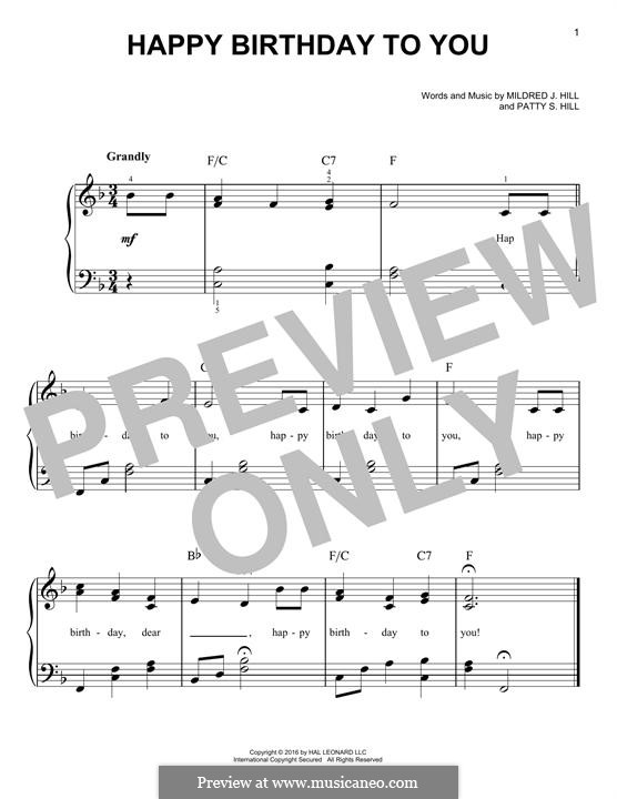 Happy Birthday to You: For piano by Mildred Hill