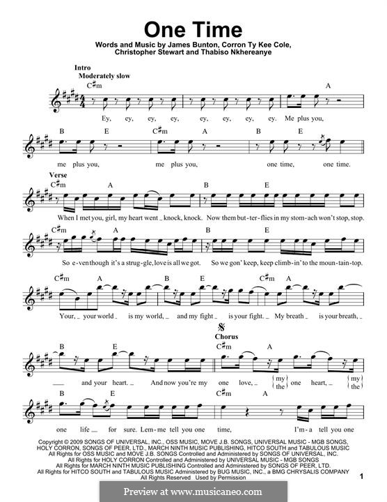 One Time (Justin Bieber): Melody line by Tricky Stewart , Corron Ty Kee Cole, James Bunton, Thabiso Nkhereanye