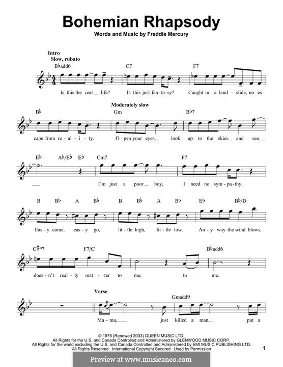 Bohemian Rhapsody Queen By Freddie Mercury Sheet Music On