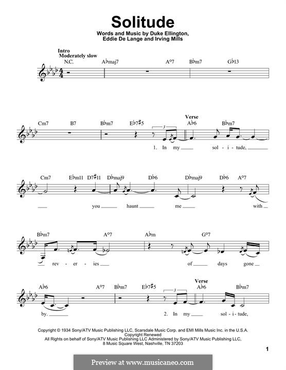 Solitude: Melody line by Irving Mills, Duke Ellington, Eddie De Lange