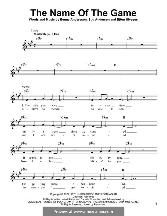 The Name of the Game (ABBA): Melody line by Benny Andersson, Björn Ulvaeus, Stig Anderson