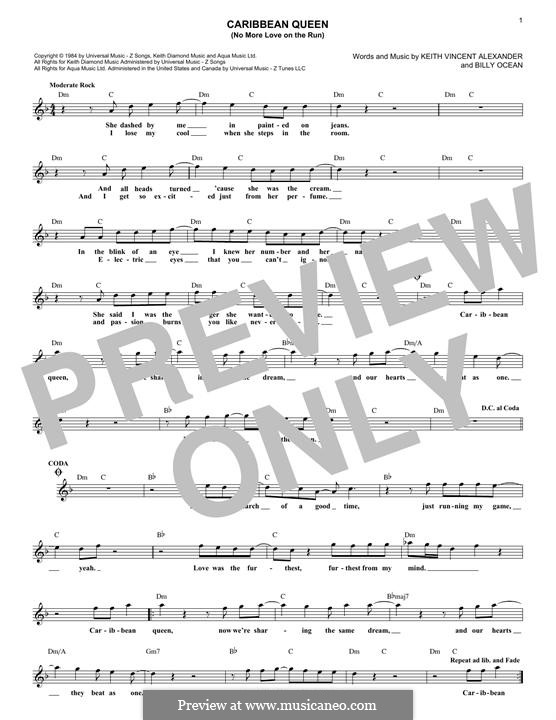 Caribbean Queen (No More Love on the Run): Melody line by Keith Vincent Alexander