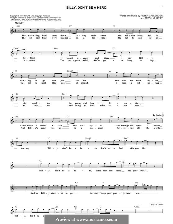 Billy, Don't Be a Hero (Paper Lace) by M. Murray sheet music on MusicaNeo