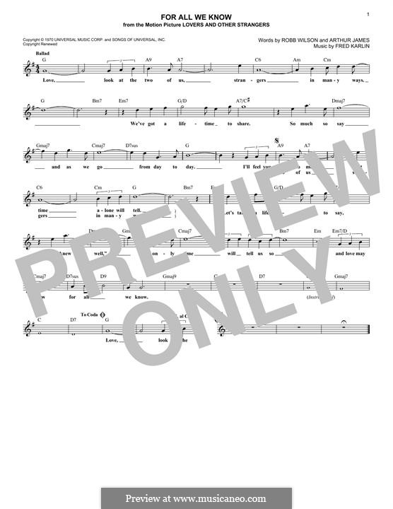 For All We Know (Carpenters): Melody line by Fred Karlin, Jimmy Griffin, Robert Wilson