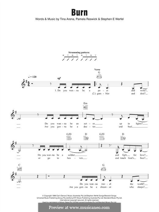 Burn (Tina Arena): Melody line by Pamela Reswick, Steve Werfel