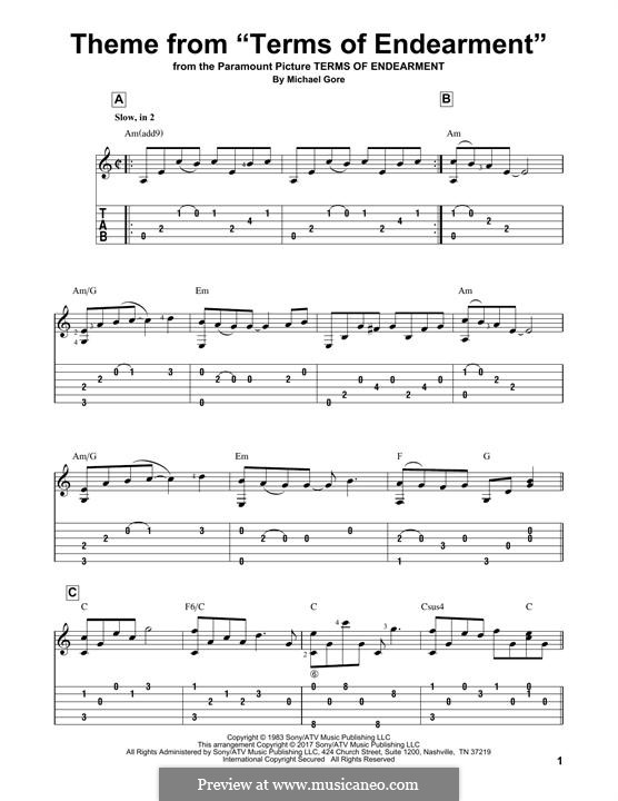 Theme from 'Terms of Endearment': For guitar by Michael Gore