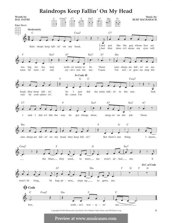 Raindrops Keep Fallin' on My Head (from Butch Cassidy and The Sundance Kid): For ukulele by Burt Bacharach