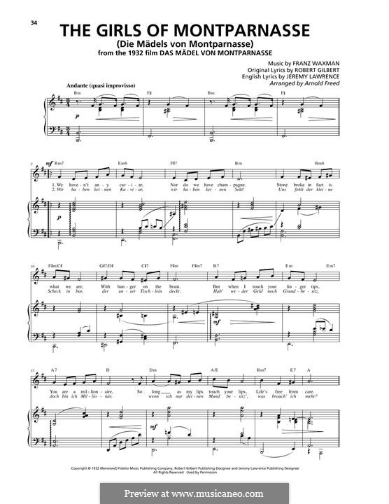 The Girls of Montparnasse (Die Mädels von Montparnasse): For voice and piano (or guitar) by Franz Waxman