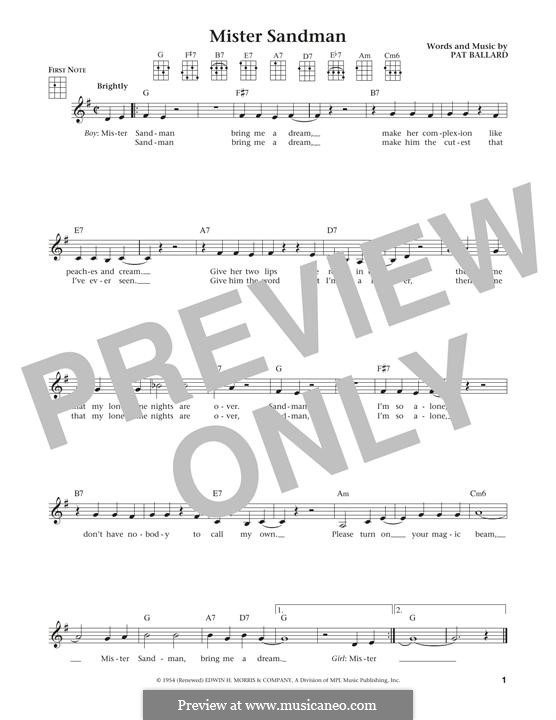 Mister Sandman (The Chordettes): For ukulele by Pat Ballard