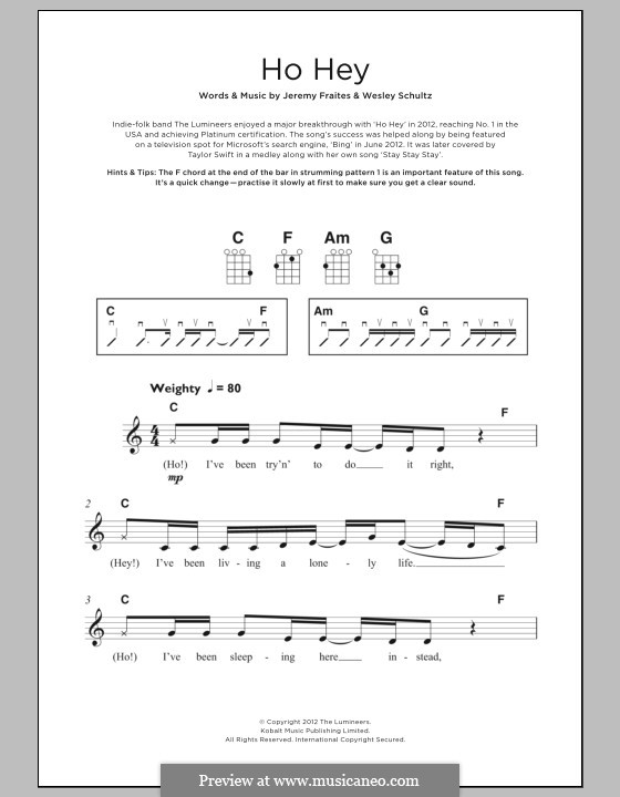 Ho Hey (The Lumineers): For ukulele by Jeremy Fraites, Wesley Schultz