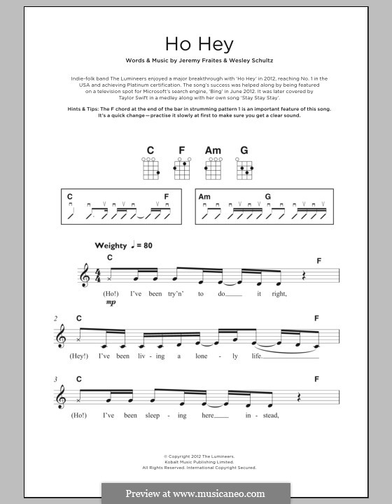 Ho Hey (The Lumineers): For ukulele by Jeremy Fraites, Wesley Schultz