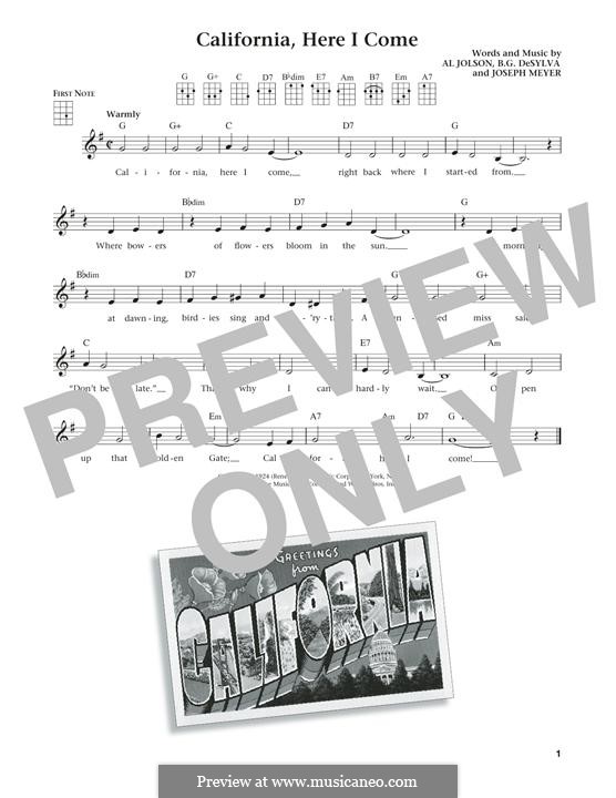 California Here I Come (Al Jolson): For ukulele by Buddy Gard DeSylva, Joseph Meyer