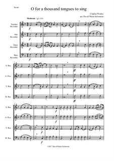 7 Songs of Glory for recorder quartet: O for a thousand tongues to sing by Robert Lowry, William Howard Doane, Charles Wesley, Jr., William Batchelder Bradbury, Charles Hutchinson Gabriel, Edwin Othello Excell, D. B. Towner