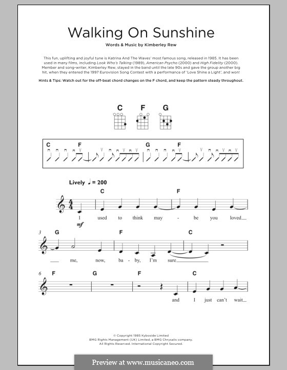 Walking on Sunshine (Katrina and The Waves): For ukulele by Kimberley Rew