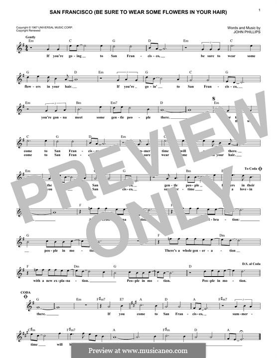 San Francisco (Be Sure to Wear Some Flowers in Your Hair): Melody line by John Phillips