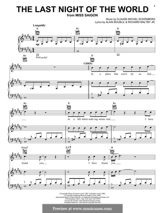 The Last Night of the World: For voice and piano (or guitar) by Claude-Michel Schönberg