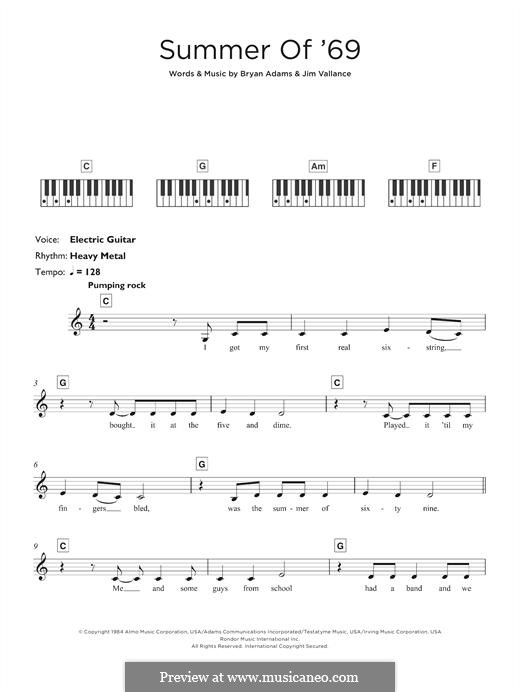 Summer of '69: For keyboard by Bryan Adams, Jim Vallance