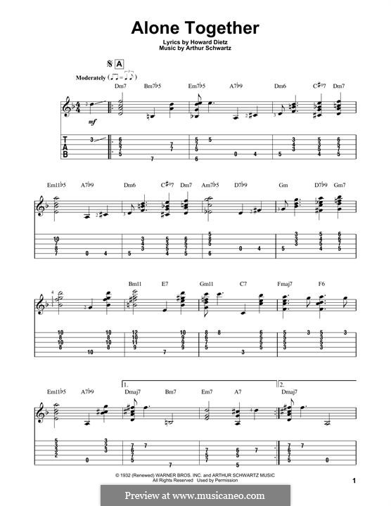 Alone Together (Peggy Lee): For guitar with tab by Arthur Schwartz