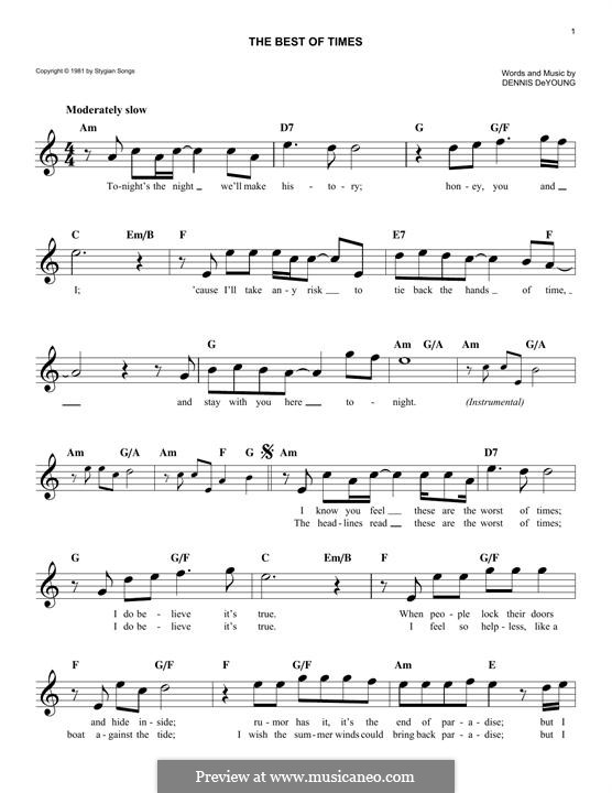 The Best of Times (Styx): Melody line by Dennis DeYoung