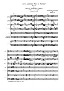 Concerto for Two Violins and Strings No.8 in A Minor, RV 522: Score, parts by Antonio Vivaldi