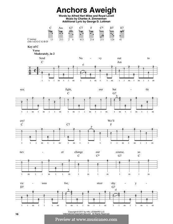 Anchors Aweigh (Alfred Hart Miles): For banjo by Charles A. Zimmermann, George D. Lottman, Royal Lovell
