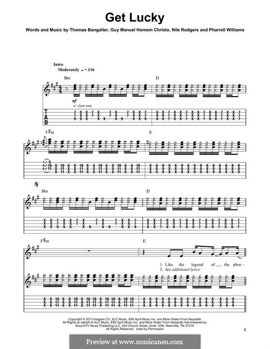 Get Lucky (Daft Punk featuring Pharrell Williams): For guitar with tab by Nile Rodgers, Pharrell Williams, Thomas Bangalter, Guy-Manuel de Homem-Christo