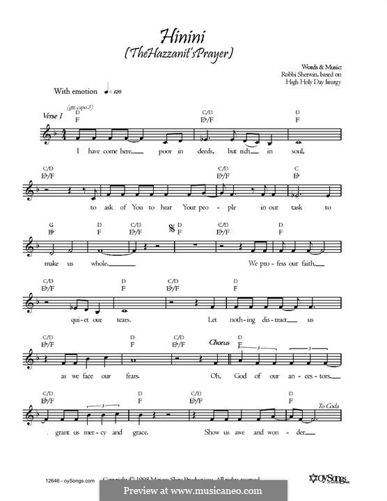 Hinini (The Hazzanit's Prayer): Melody line by Robbi Sherwin
