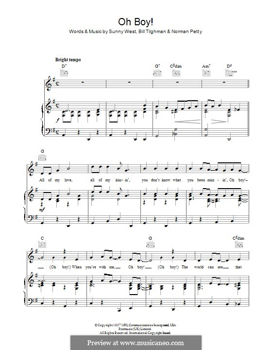 Oh Boy! (Buddy Holly): For voice and piano (or guitar) by Bill Tilghman, Norman Petty, Sunny West