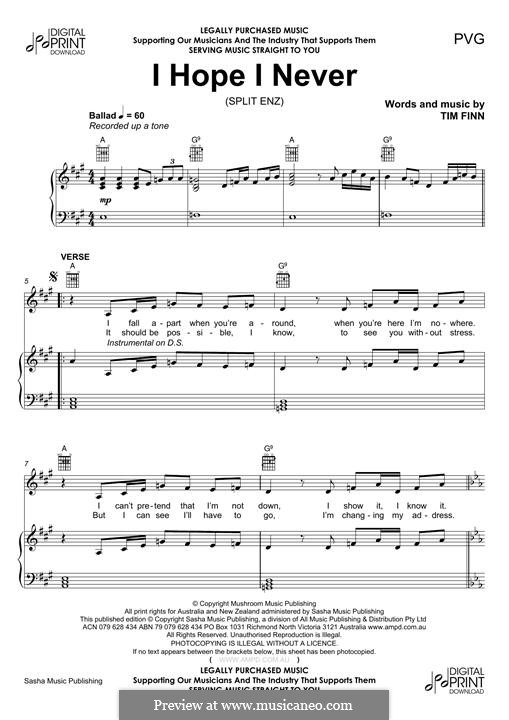 I Hope I Never (Split Enz): For voice and piano (or guitar) by Tim Finn