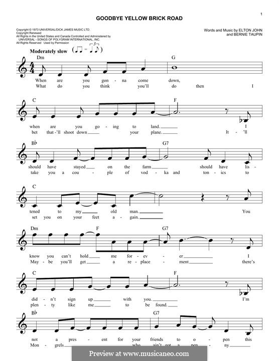 Goodbye Yellow Brick Road: Melody line by Elton John