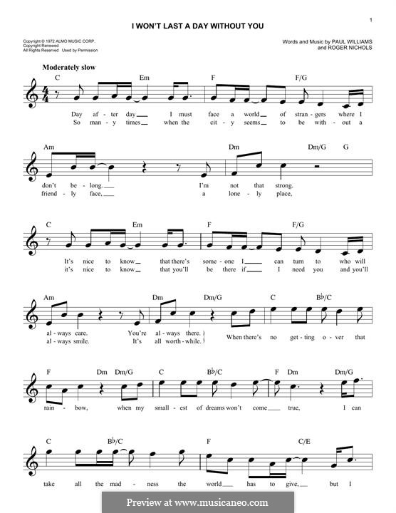 I Won't Last a Day without You (Carpenters): Melody line by Paul H. Williams, Roger Nichols
