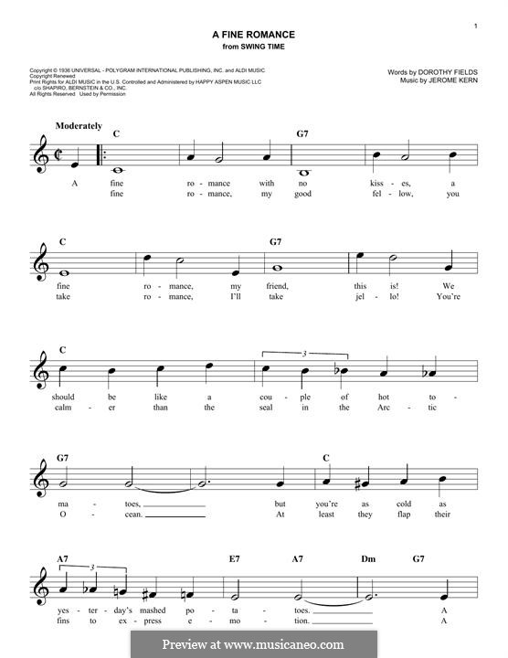 A Fine Romance: Melody line by Jerome Kern