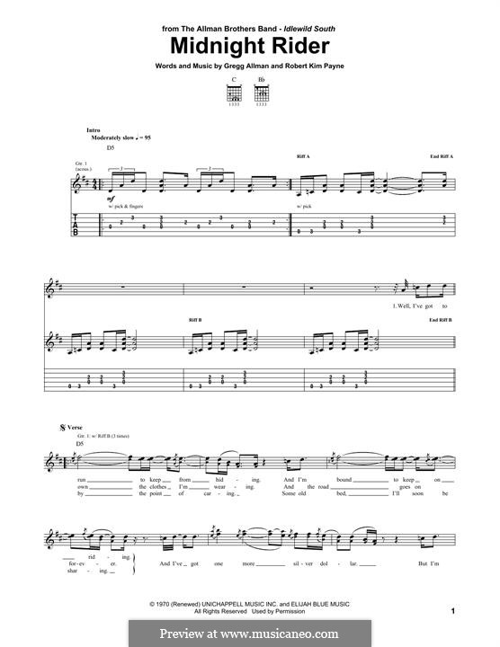 Midnight Rider (The Allman Brothers Band): For guitar by Gregg Allman, Robert Kim Payne